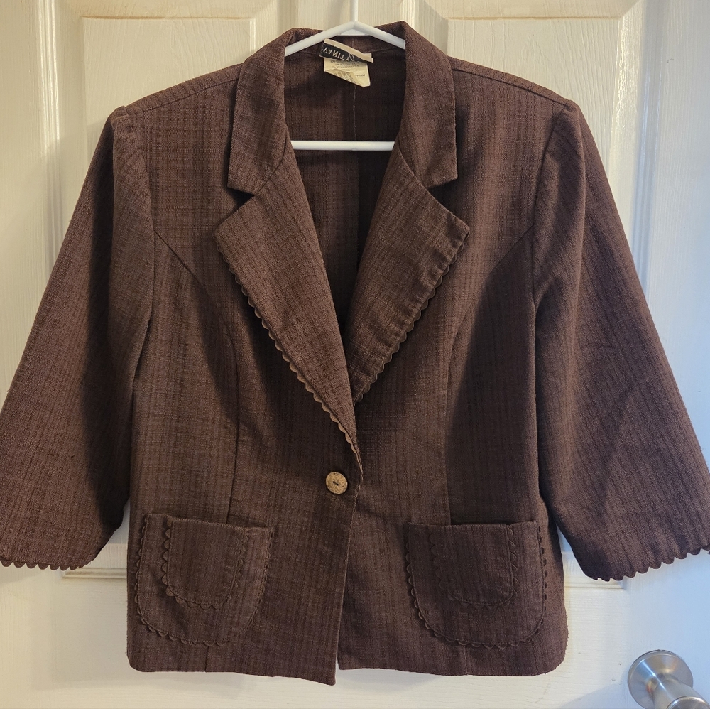 Vintage Vanity Fair Textured Cotton Blend 3/4 Sleeve Blazer With Shoulder Pads